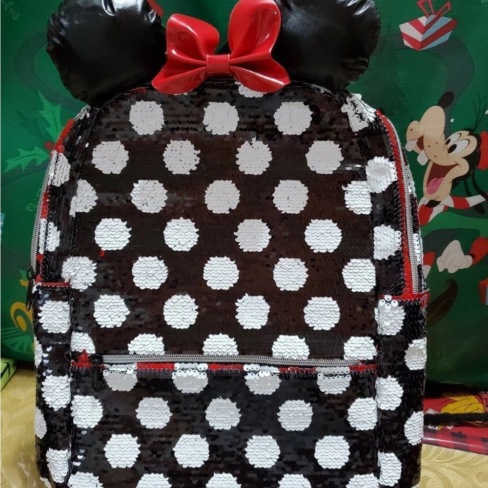 NWOT Disney Parks Minnie Mouse Polka Dot Sequin Backpack with Red Bow